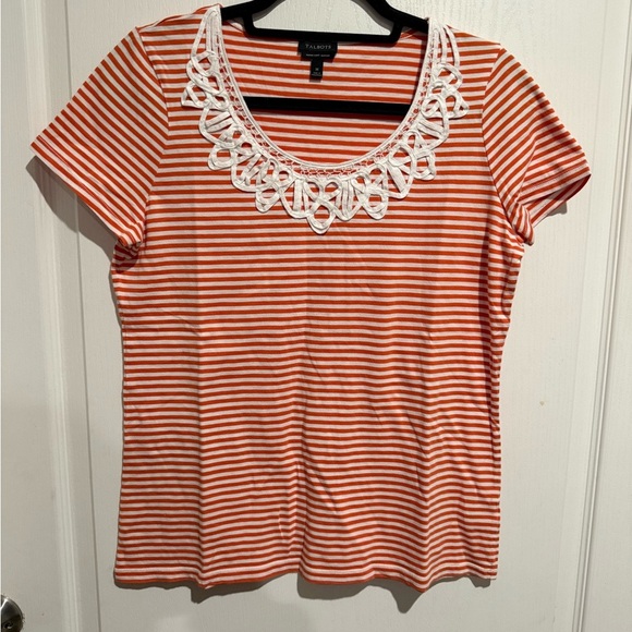 Talbots Tops - Talbots orange and White Striped Tee with Lace Neckline